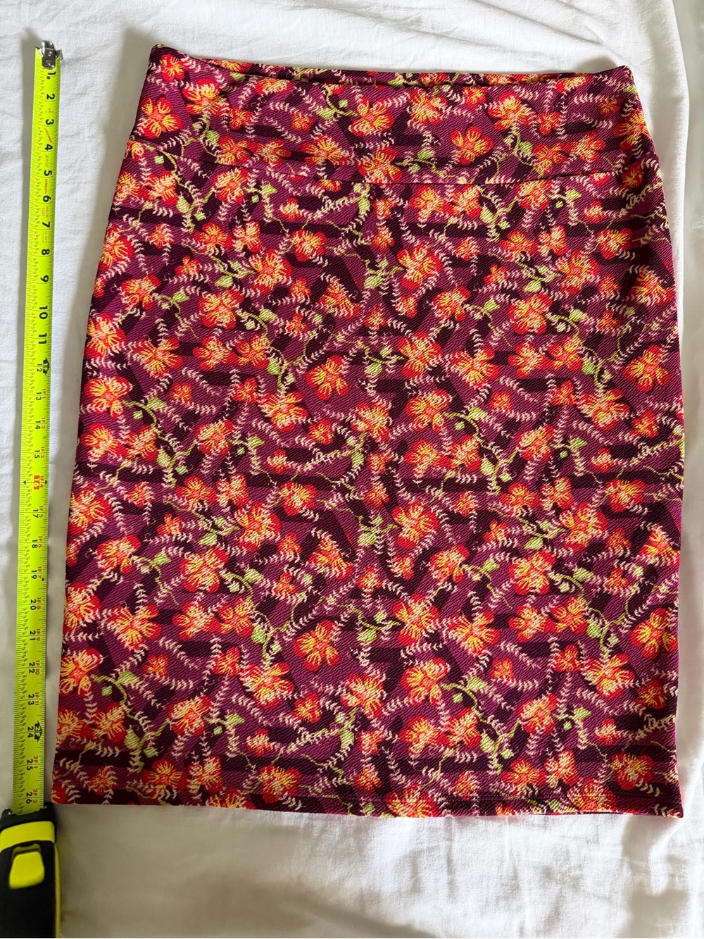 LuLaRoe Burgundy Floral Pencil Skirt with Red and Yellow Accents